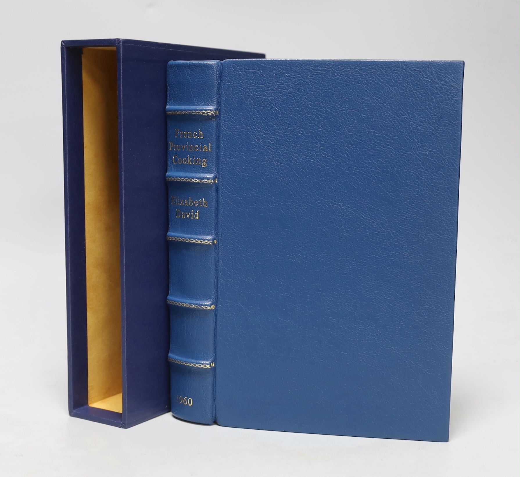 David, Elizabeth - French Provincial Cooking, 1st edition, illustrated by Juliet Renny, 8vo, in fine blue morocco binding, the spine with five raised bands, marbled end-papers, Michael Joseph, London, 1960.